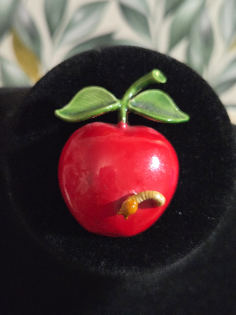 Vintage Signed Original by Robert 3D Enamel Red Apple Worm Brooch Pin 2"